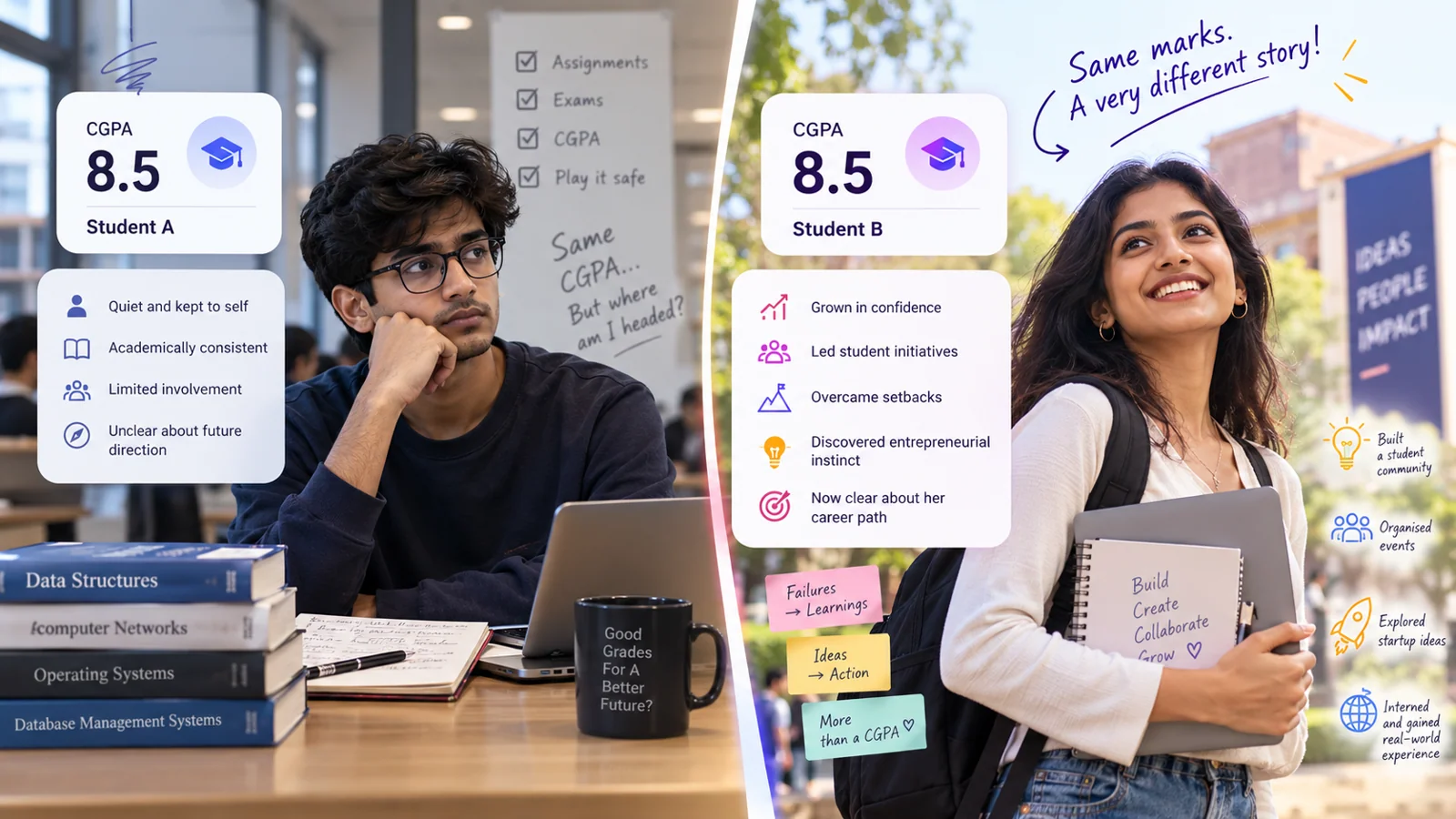 Illustrative comparison of two Indian students with the same CGPA but different growth journeys